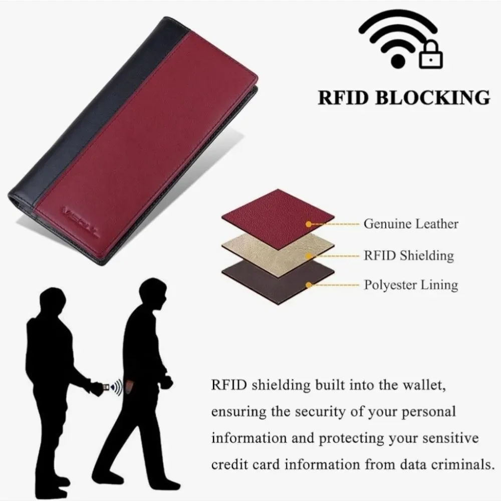 🩵⏭️NIB Black & Burgundy Italian Leather RFID Blocking Long Bi-Fold Wallet